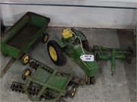 JOHN DEERE TOY TRACTOR WITH 3 IMPLEMENTS