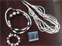 2 bead necklaces and clip earrings