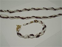 Garnet and pearl 14K yellow gold necklace and brac