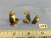 Lot of 3 ivory birds by R Mayac, puffins 1.25"
