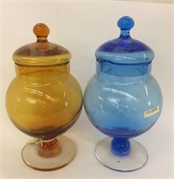 2 Pilgrim Glass Footed Covered Jars