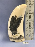 Scrimshawed whale's tooth 5.5" long by Ted Mayac,