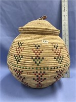 Hooper Bay grass basket with dyed seal gut decorat