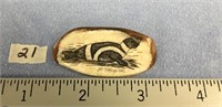 Peter Mayac scrimshawed fossilized ivory pin with