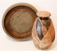 Signed Clay Pottery Jar w/ Lid & Round Wood...