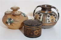 Signed Clay Oil Lamp & Italy Ceramic Vase &...