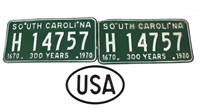 (2) Vtg. S. Carolina 1670-1970 Auto Plates-300 yrs