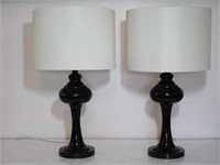 Pair of Black Ceramic Table Lamps w/ Drum Shades