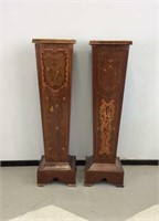 Pair of Tapered Marquetry Marble Top Pedestals