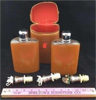 Flask Set in Cowhide Case & Decorative Stoppers