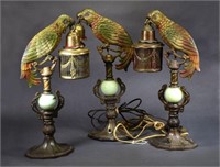 Three Cast Iron Parrot Lamps
