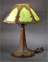 Plaster Lamp with Slag Glass & Spelter Shade