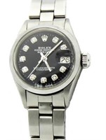 Men's Oyster Date Blk Dial Rolex Watch w' Diamonds