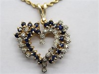 10K Gold Sapphire & Diamond Heart Pendant Necklace