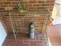 Metal Table, Fire Extinguisher, Bird Planter