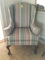 Queen Anne Ball and Claw Striped Wingback Chair x2