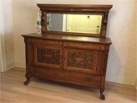 Carved Mahogany Buffet with Beveled Mirror,