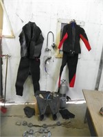 Pr of wet suits,  tank, fins, gloves etc