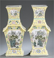 Pair of famille jaune style vases.