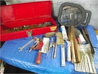 Red tool box c/w tools & a screw driver bit set