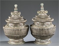 Pair of Tibetan silver jars with lids.