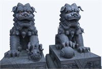 Pair of monumental bronze temple Fu lions.