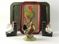 Vintage Rooster, Chicken Collection with Metal Tra