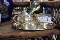 SILVERPLATED SUGAR AND CREAMER WITH TRAY