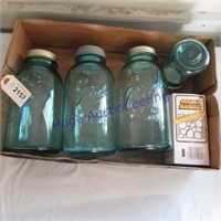 4 Blue Glass jars