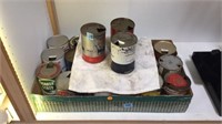 BOX OF OLD EMPTY OIL CANS