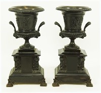 PAIR OF 19th CENTURY BRONZE URNS ON MARBLE BASES