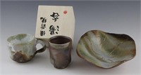 (3) CONTEMPORARY JAPANESE POTTERY CUPS & DISH