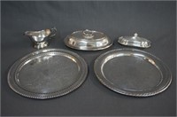 5 Silverplate Serving Trays, Dish, Gravy & Butter