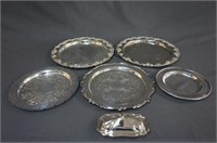 6 Silverplate Serving Platters Trays & Butter Dish