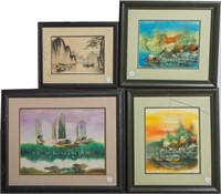 (4) CHINESE WATERCOLOR INK & OIL BOAT ART
