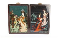 PAIR OF CHINESE REVERSE PAINTED WALL HANGINGS