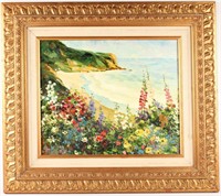 OIL ON CANVAS SEASCAPE WITH FLOWERS