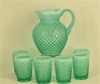 Fenton Opalescent Hobnail Pitcher And Glasses