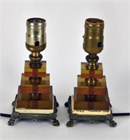 Pair Of Amber Acrylic Boudoir Lamps