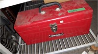 RED STEEL TOOL BOX w/ WRENCHES, RATCHET, SOCKETS