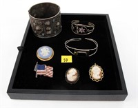 Lot, cameos, bracelets and flag pin