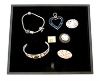 Lot, sterling silver pins, pendant and bracelets