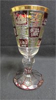 Bohemian paneled etched ruby glass gilt goblet