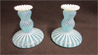 Opalescent blue twist glass candlesticks