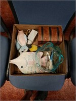 Box with wood fish, birds, jewelry box, blue
