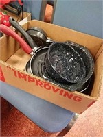 Box of miscellaneous cookware pots and pans