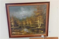 Oil of lake and mountains in wood frame