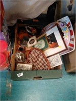 Box of trays, candlestick etc