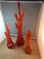 3 X VINTAGE ORANGE GLASS VASES