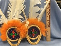 Pair of Eskimo dance fans with feather accents, fa
